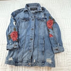 Express Denim Jacket Size XS Extra Small Rose Embroidered Distressed Medium Wash